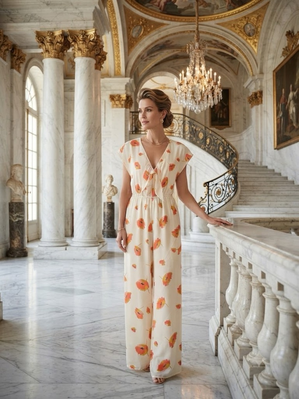 june & hudson Cream Maxi Jumpsuit with Orange Floral Print